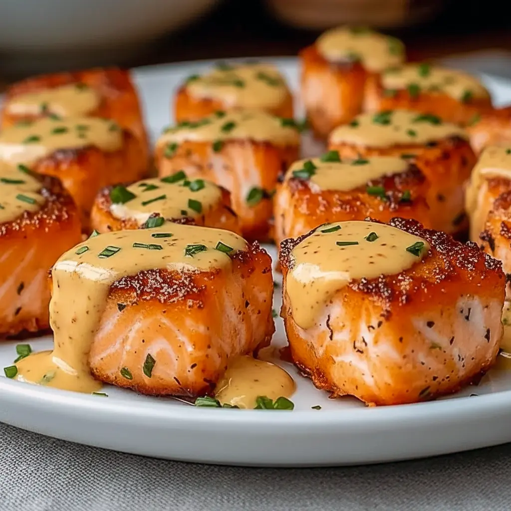 Golden-brown salmon cubes glazed with creamy sweet-chili sauce, garnished with lime wedges and green onion, Bang Bang Salmon Bites.