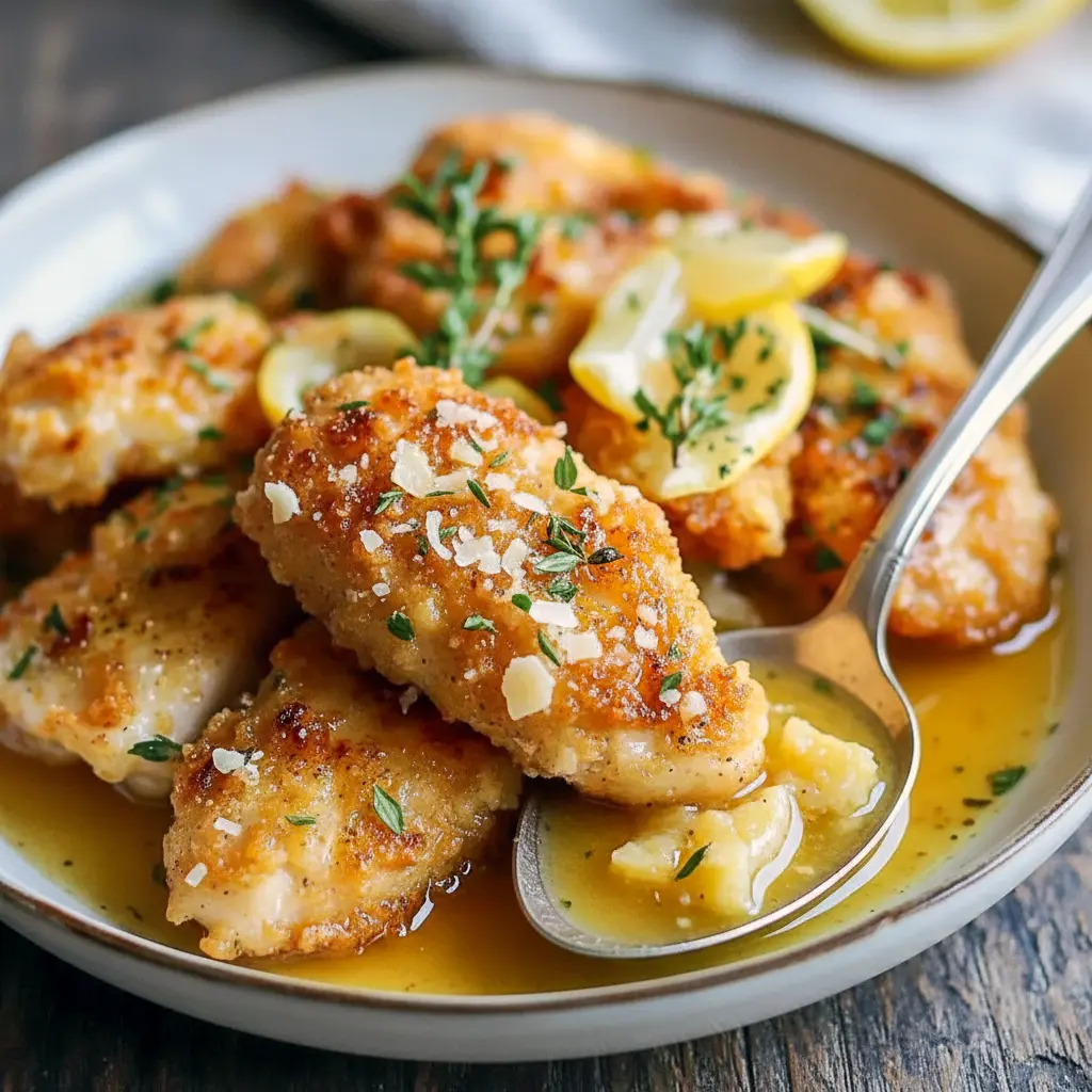 Plate of golden, crunchy Crispy Chicken with lemon and herbs — a top Crispy Chicken Recipes pick for simple Weeknight Meals, excellent as a Chicken Dinner or transformed into a comforting Cheesy Casserole; the slices stay Juicy Chicken, and the post shows How To Cook Chicken plus more Chicken Dishes Recipes.