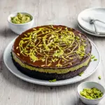 Slice of glossy chocolate cake with pistachio-kataifi filling, drippy chocolate ganache, crushed pistachios and toasted kataifi on a white plate.