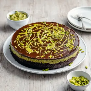 Slice of glossy chocolate cake with pistachio-kataifi filling, drippy chocolate ganache, crushed pistachios and toasted kataifi on a white plate.