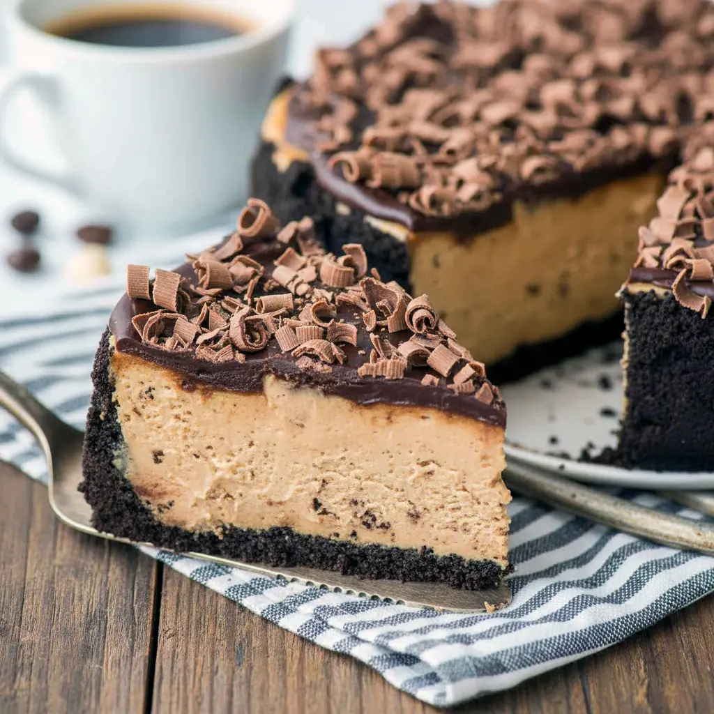 Slice of espresso cheesecake on a white plate with Oreo crust, topped with chocolate ganache and chocolate shavings, Best Coffee Cheesecake.