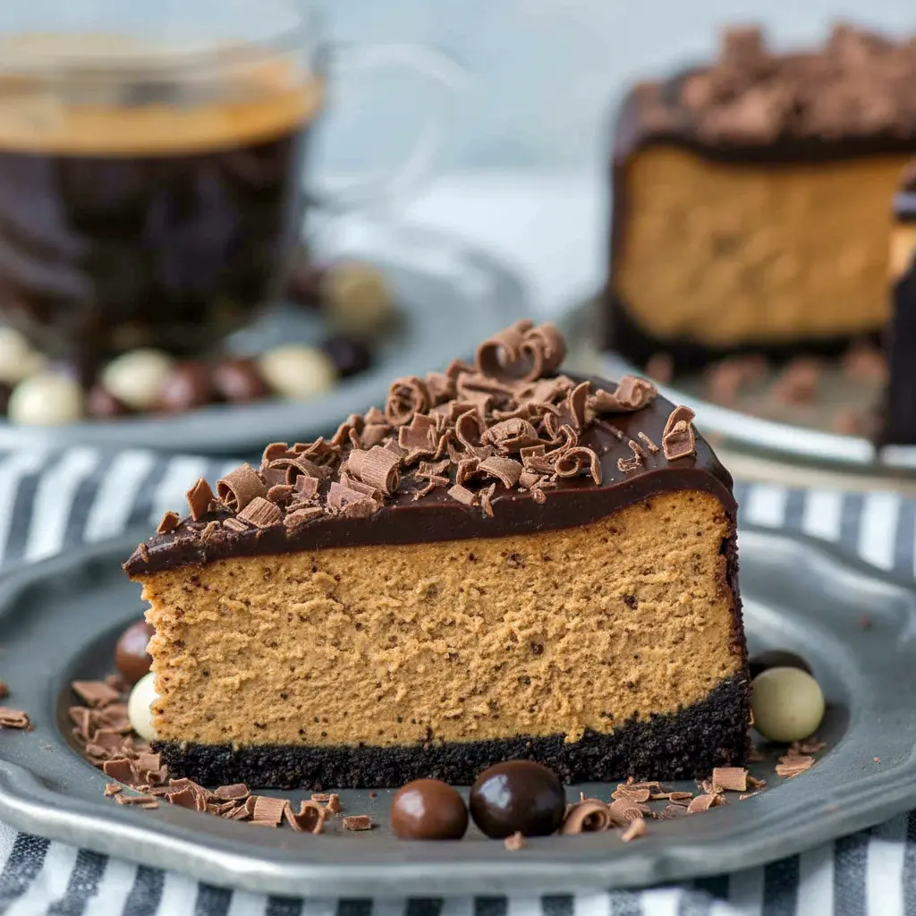 Slice of espresso cheesecake on a white plate with Oreo crust, topped with chocolate ganache and chocolate shavings, Best Coffee Cheesecake.