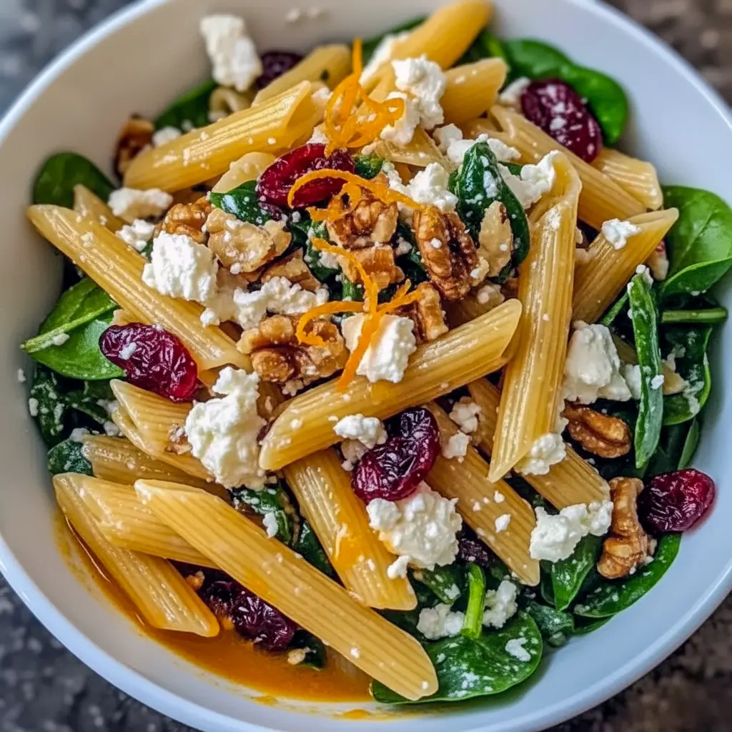 Bowl of Feta & Cranberry Penne Salad With Orange Vinaigrette featuring penne pasta, feta cheese, dried cranberries, spinach, and walnuts tossed in a bright orange vinaigrette dressing — a colorful, Cold Refreshing Dinner perfect for Salads For Dinner Families.