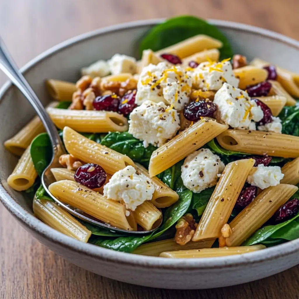 Bowl of Feta & Cranberry Penne Salad With Orange Vinaigrette featuring penne pasta, feta cheese, dried cranberries, spinach, and walnuts tossed in a bright orange vinaigrette dressing — a colorful, Cold Refreshing Dinner perfect for Salads For Dinner Families.