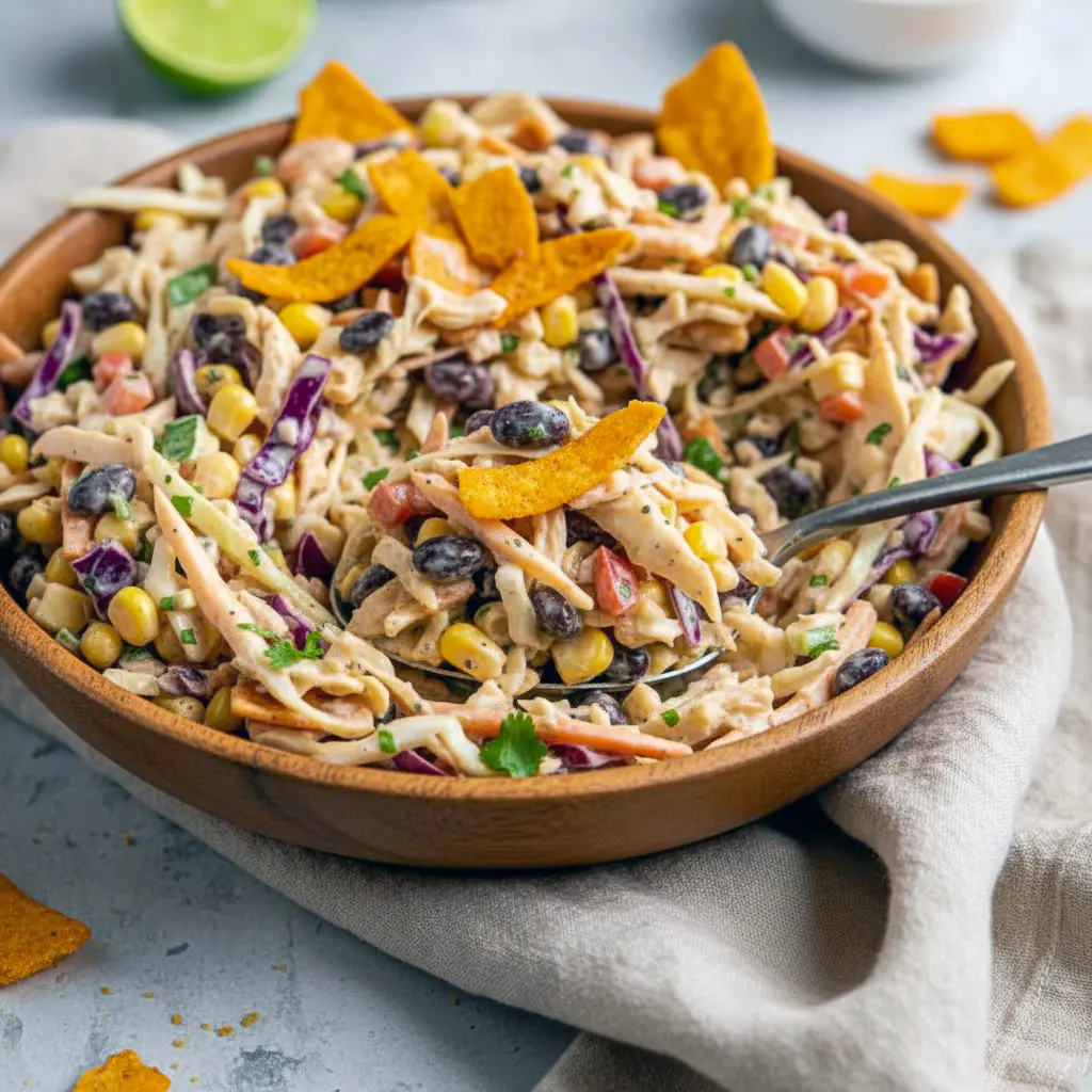 Close-up of a vibrant, crunchy slaw piled with Fritos and chipotle crema — a top Soft Salad Recipes pick, great alongside burgers in a Hamburger And Coleslaw Recipe, a zesty Veggie Slaw, and one of many easy Recipes With Cabbage Slaw, Cabbage Cowboy Salad.