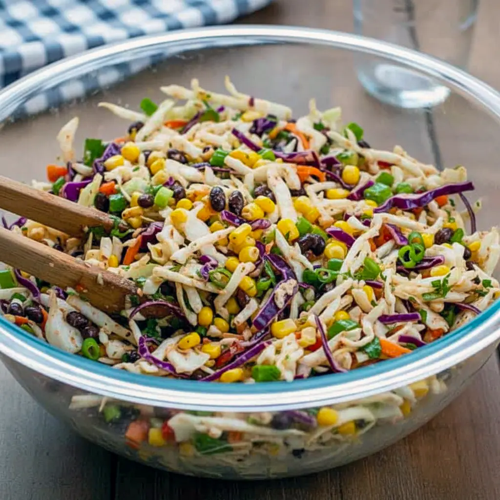 Close-up of a vibrant, crunchy slaw piled with Fritos and chipotle crema — a top Soft Salad Recipes pick, great alongside burgers in a Hamburger And Coleslaw Recipe, a zesty Veggie Slaw, and one of many easy Recipes With Cabbage Slaw.