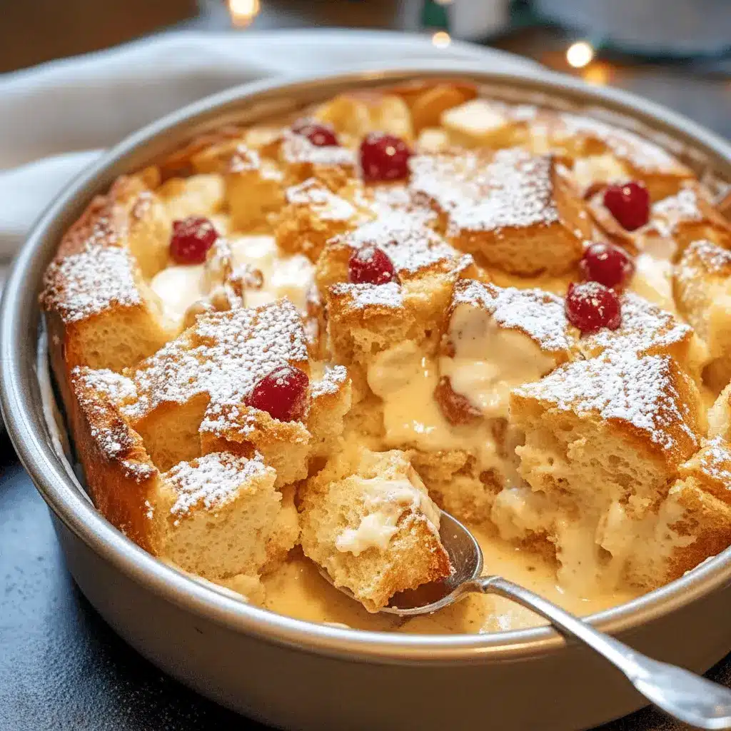 Slice of warm eggnog-soaked bread pudding on a white plate, drizzled with caramel sauce and dusted with powdered sugar, garnished with a sprinkle of nutmeg.