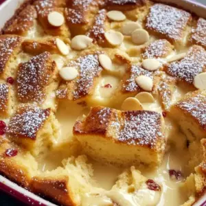 Slice of warm eggnog-soaked bread pudding on a white plate, drizzled with caramel sauce and dusted with powdered sugar, garnished with a sprinkle of nutmeg.