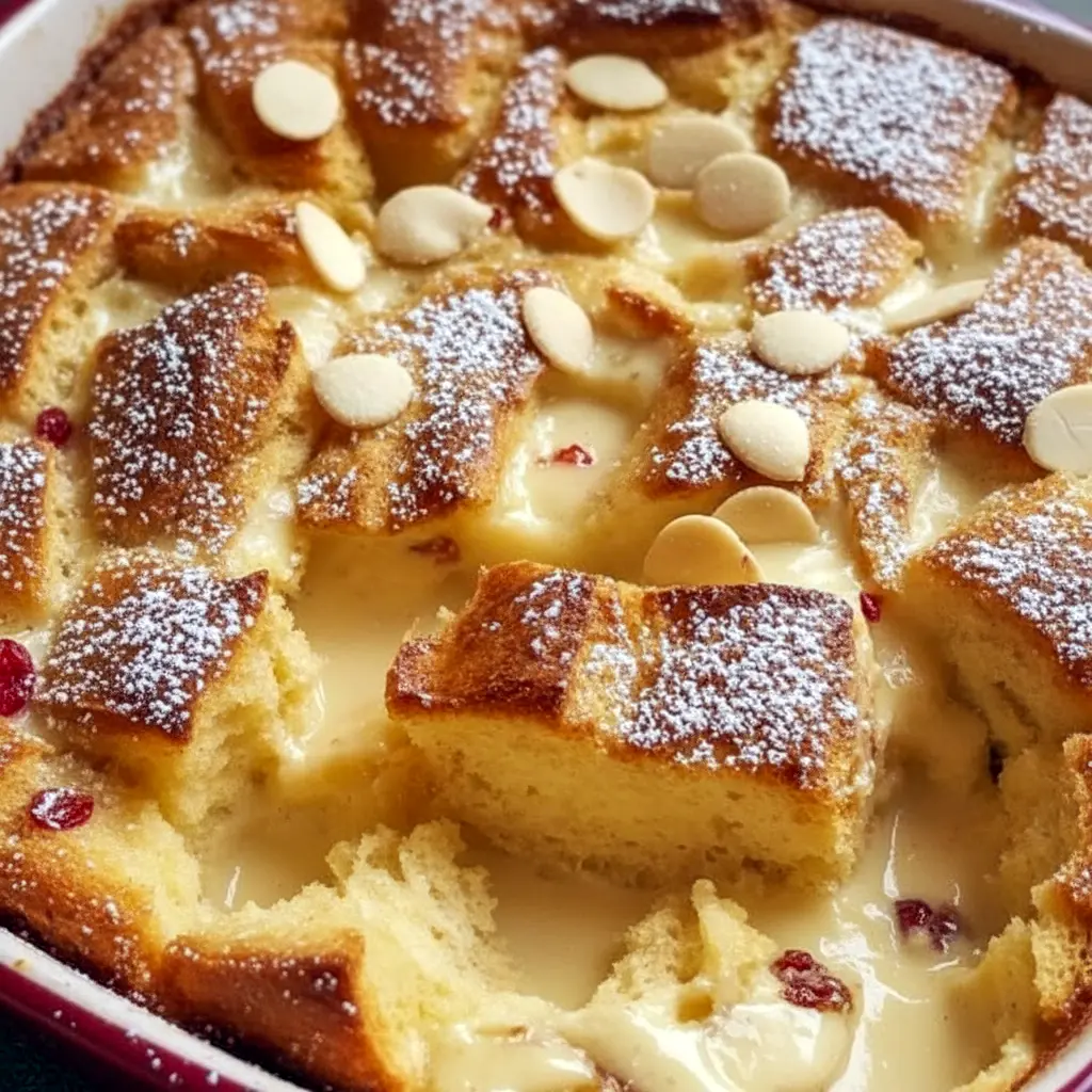 Slice of warm eggnog-soaked bread pudding on a white plate, drizzled with caramel sauce and dusted with powdered sugar, garnished with a sprinkle of nutmeg.