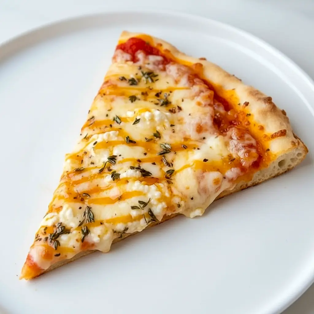 Specialty Pizza Recipes — hot honey-drizzled pizza with ricotta dollops, melted cheese, basil, and a golden, blistered crust.