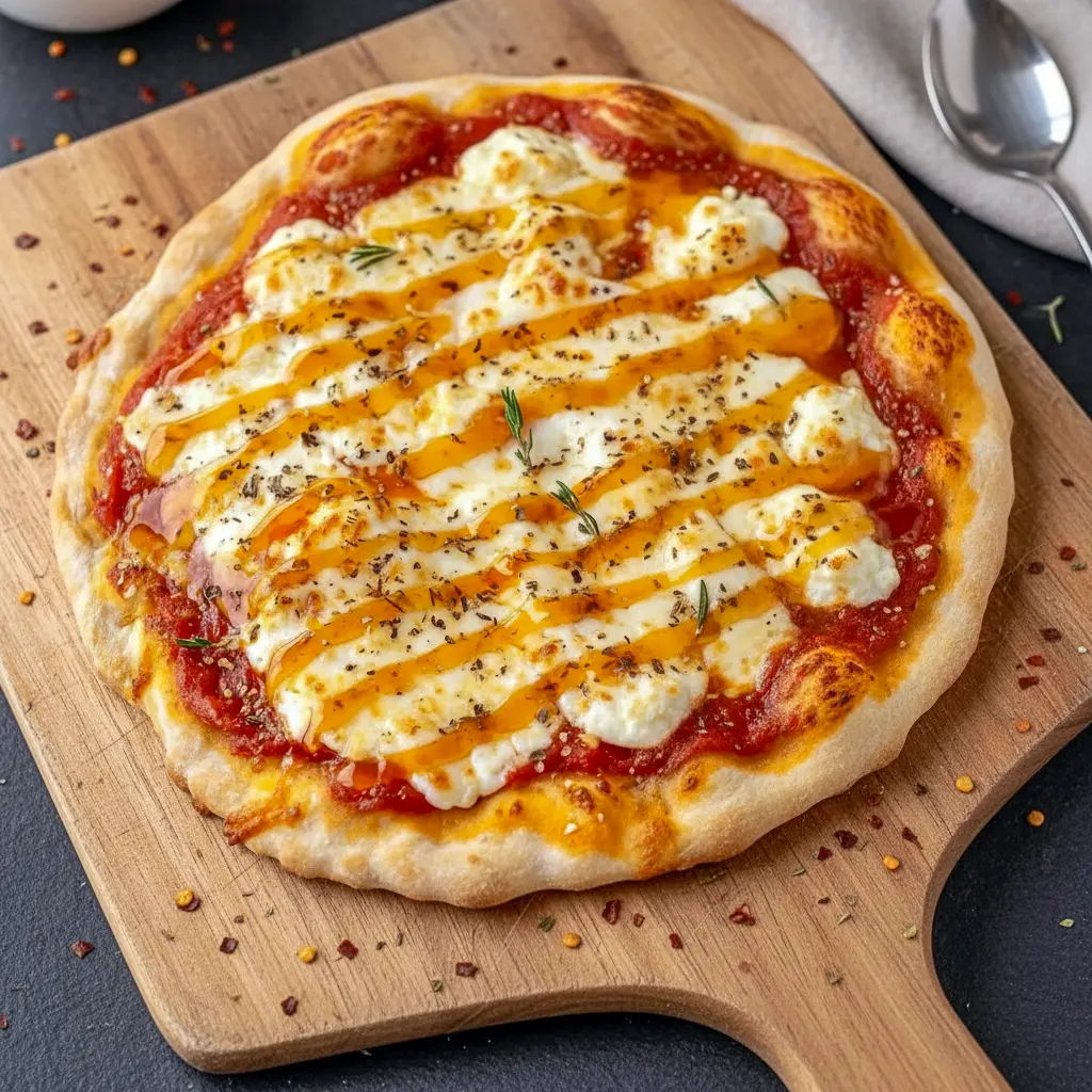 Specialty Pizza Recipes — hot honey-drizzled pizza with ricotta dollops, melted cheese, basil, and a golden, blistered crust.