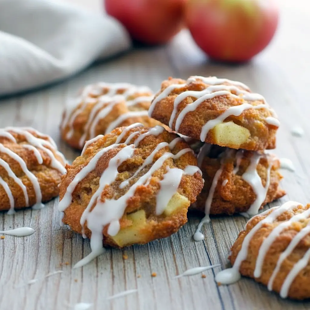 Close-up of a glazed keto apple fritter cookies sprinkled with cinnamon sugar and tiny apple pieces on a cooling rack.