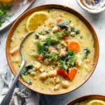 Gold bowl of lemon chickpea-orzo soup garnished with fresh dill and lemon — a bright, comforting bowl inspired by Greek Recipes.