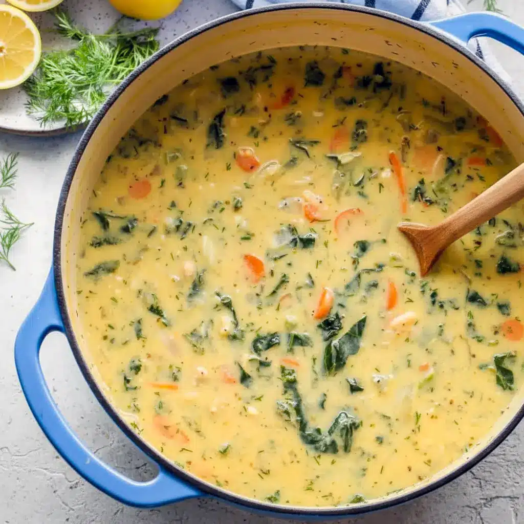 Gold bowl of lemon chickpea-orzo soup garnished with fresh dill and lemon — a bright, comforting bowl inspired by Greek Recipes.