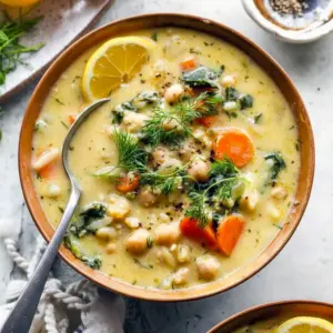 Gold bowl of lemon chickpea-orzo soup garnished with fresh dill and lemon — a bright, comforting bowl inspired by Greek Recipes.