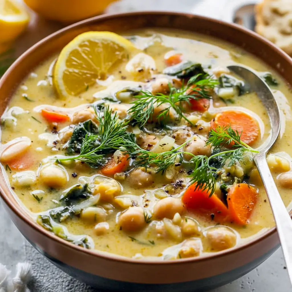Gold bowl of lemon chickpea-orzo soup garnished with fresh dill and lemon — a bright, comforting bowl inspired by Greek Recipes.