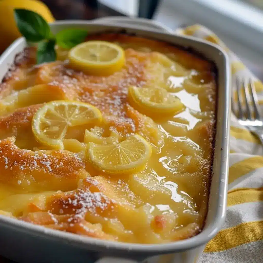 Magic Lemon Cobbler — close-up of a golden square of lemon cobbler with glossy lemon filling, a dusting of powdered sugar, and a melting scoop of vanilla ice cream on the side.