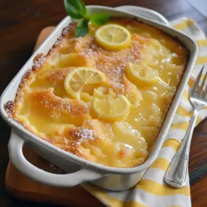 Magic Lemon Cobbler — close-up of a golden square of lemon cobbler with glossy lemon filling, a dusting of powdered sugar, and a melting scoop of vanilla ice cream on the side.