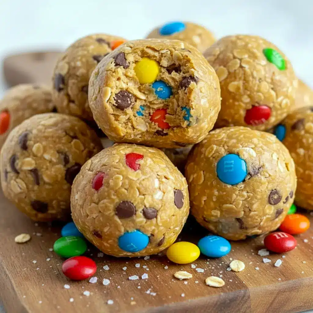 The Best Energy Balls stacked on parchment with visible mini chocolate chips and colorful M&Ms — a tempting Monster Cookie snack.