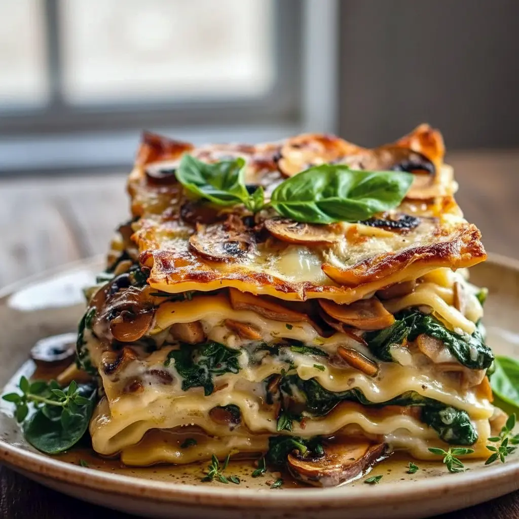 A square of bubbling mushroom and spinach lasagna on a white plate, showing layers of ricotta, sautéed mushrooms, wilted spinach and melted cheese, garnished with basil.