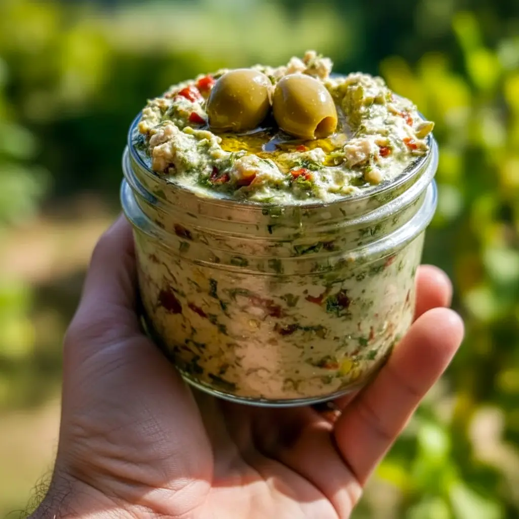Close-up of a creamy green olive and feta spread on toasted crostini, garnished with olive oil and herbs, Olive Cream Cheese Dip.