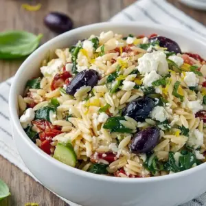 Bright bowl of orzo pasta salad studded with crumbled feta, chopped sun-dried tomatoes, kalamata olives and fresh herbs.