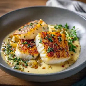 Pan-seared cod fillets topped with rich Garlic Cream Sauce, garnished with parsley and lemon wedges — a stunning and flavorful Fish Dinner perfect for seafood lovers.
