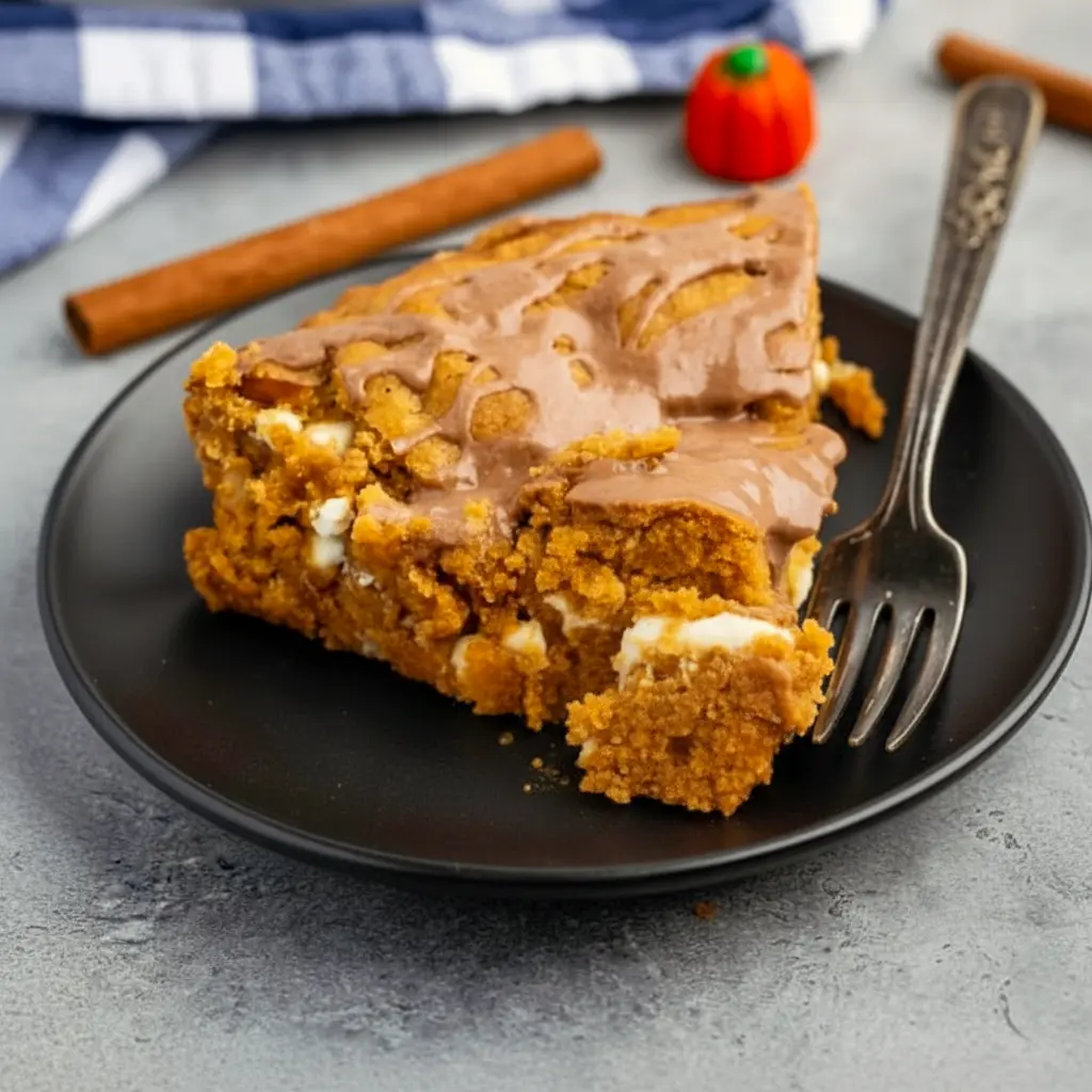 Golden slice of pumpkin cookie pie (white chocolate chips + pecans) drizzled with glaze, on a rustic plate, Fun Thanksgiving Desserts.