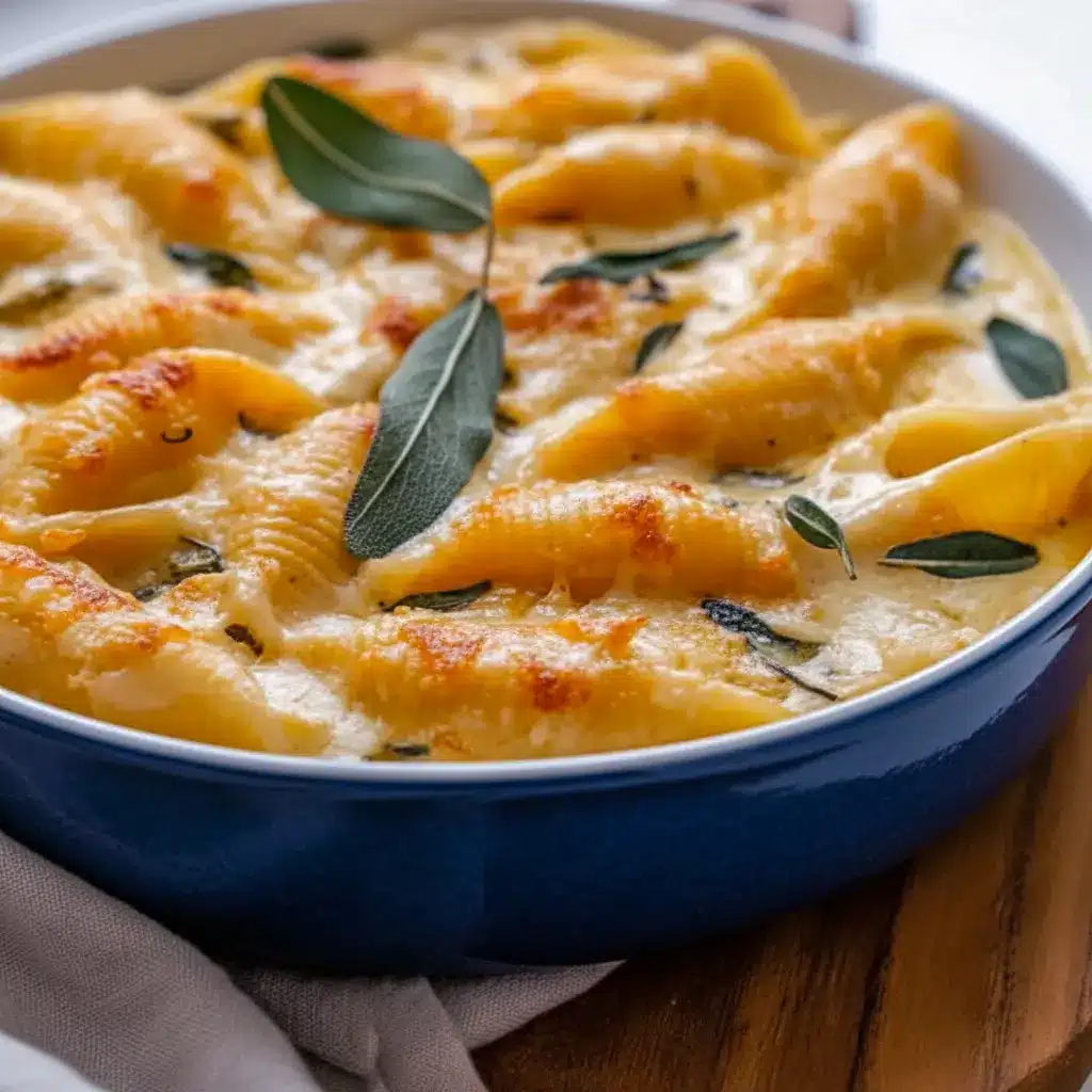 Close-up of baked pumpkin and Gouda stuffed shells topped with brown-butter sage and grated Parmesan — a warm, golden casserole that exemplifies Delicious Fall Dinner Recipes, perfect for Kosher Thanksgiving Recipes, easy to bring to Thanksgiving Pot Luck Dishes, evokes Ina Garten Thanksgiving Recipes vibes, and ranks high on lists of New Fall Recipes and Delicious Fall Recipes; a creative Unique Thanksgiving Dinner Ideas option and stunning Pumpkin Side Dish.
