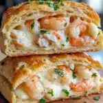 Golden brown Shrimp And Crab Biscuit Melts on a baking tray, filled with creamy shrimp and crab mixture, brushed with melted butter, and topped with parsley — the perfect Easy Party Entrees For A Crowd.