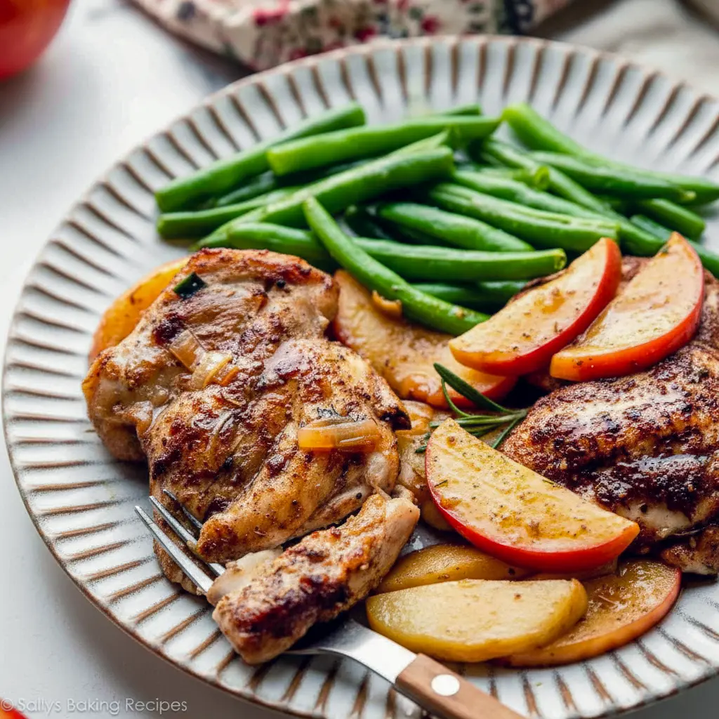 Golden skillet with seared chicken thighs, sautéed apple slices and shallots in a glossy apple-cider sauce, garnished with thyme.