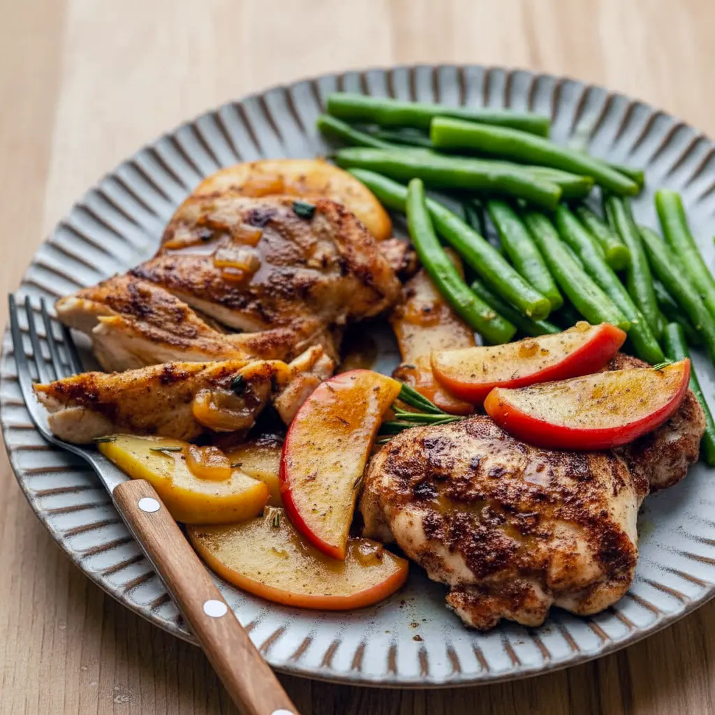 Golden skillet with seared chicken thighs, sautéed apple slices and shallots in a glossy apple-cider sauce, garnished with thyme.