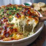 Golden, bubbling smoked-Gouda dip topped with caramelized onions in a baking dish — a top pick for Winter Dip Recipes, ideal among Savory Party Dips, shown with crusty bread for Dips For Sour Dough Bread and small toasts for Gouda Bites, Gouda Cheese Dip Recipes.