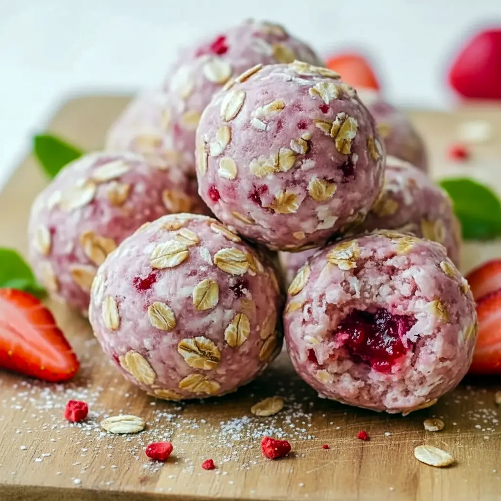 Close-up of strawberry cheesecake protein balls on parchment, dusted with crushed freeze-dried strawberries and arranged on a small serving plate, Easy Snack Recipes For Work.