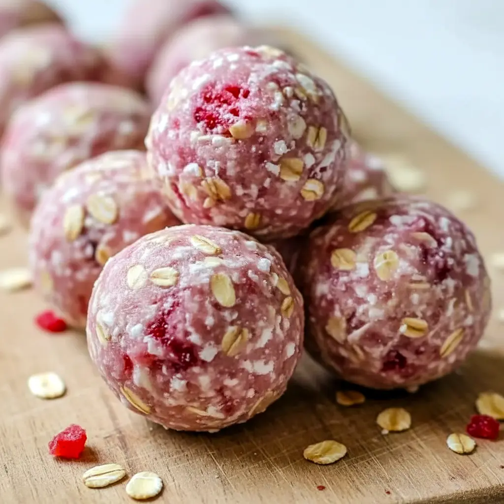 Close-up of strawberry cheesecake protein balls on parchment, dusted with crushed freeze-dried strawberries and arranged on a small serving plate.