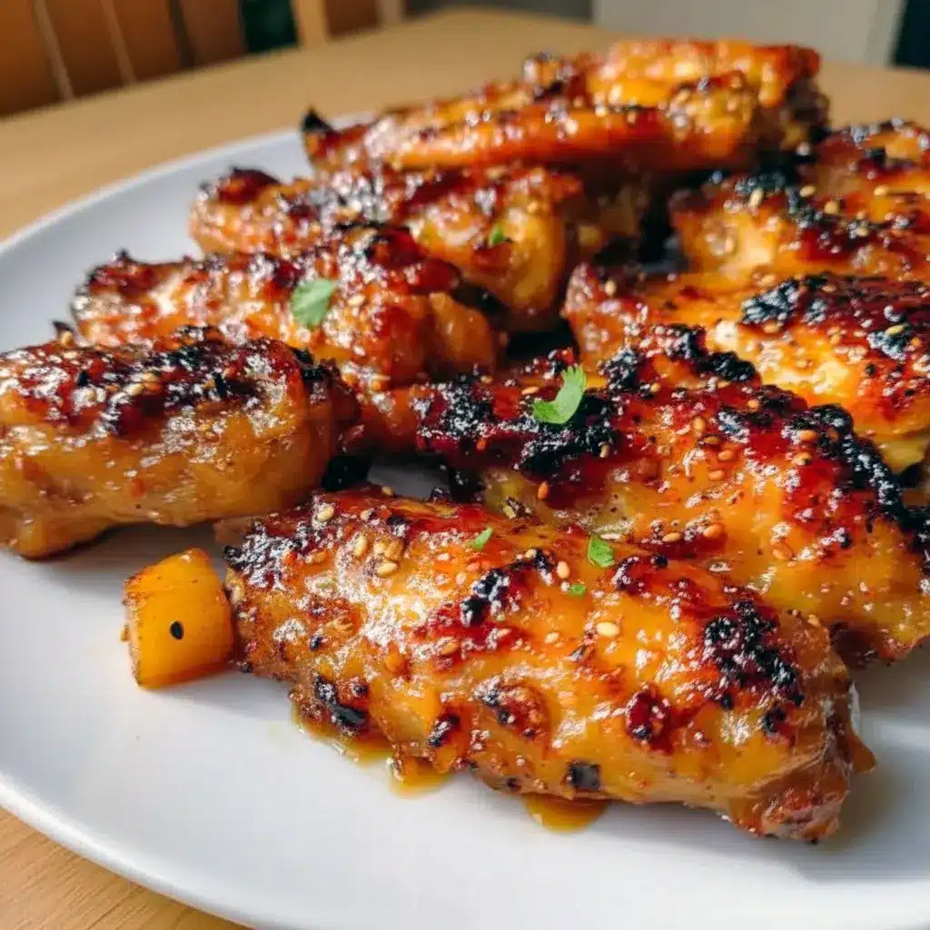Photo of glossy, golden pineapple-teriyaki chicken wings piled on a platter, sprinkled with sesame seeds — perfect for Chicken Wing Bar Ideas, fun Cook Together Recipes, backyard Grill Foods Ideas Summer Dinners, and tips on What Goes Well With Wings.