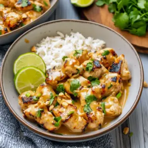 Skillet of Thai peanut chicken tossed with chopped peanuts and cilantro, served over jasmine rice, Easy Thai Dinner.