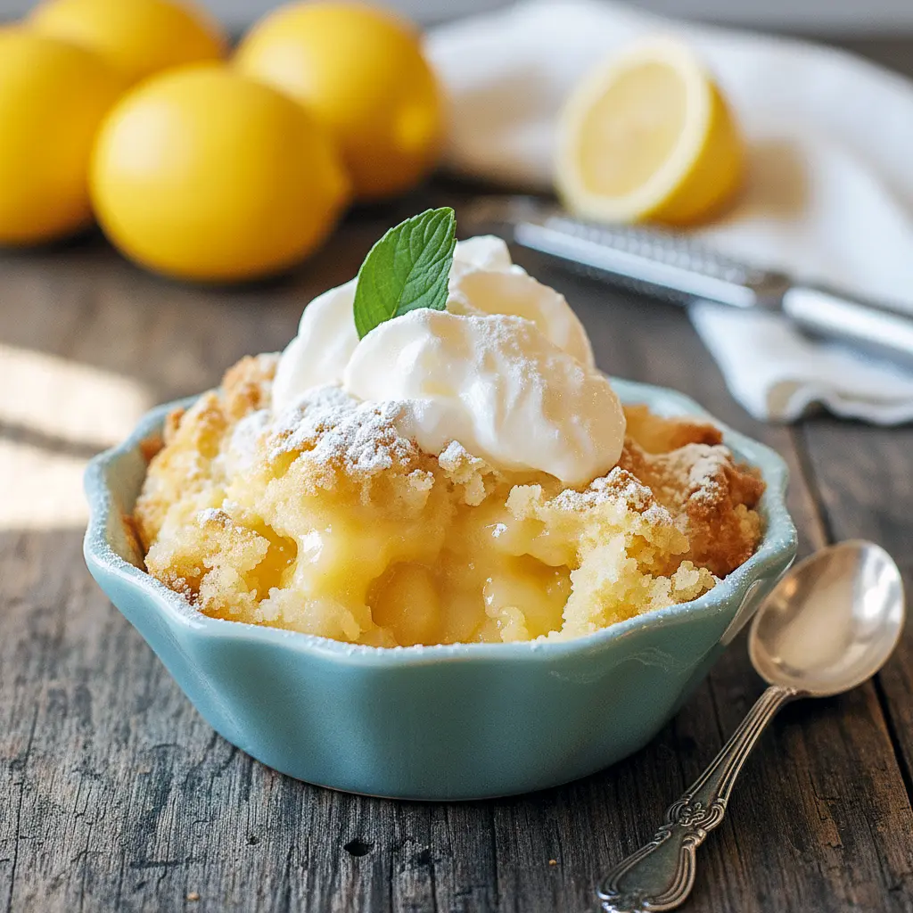 Close-up of a golden lemon cobbler bubbling with syrup, topped with a dollop of ice cream — a tempting Lemon Curd Dessert Recipes idea, almost like a silky Lemon Bisque Dessert, listed among quick Cobblers Recipes and classic Lemon Cobbler Recipes.