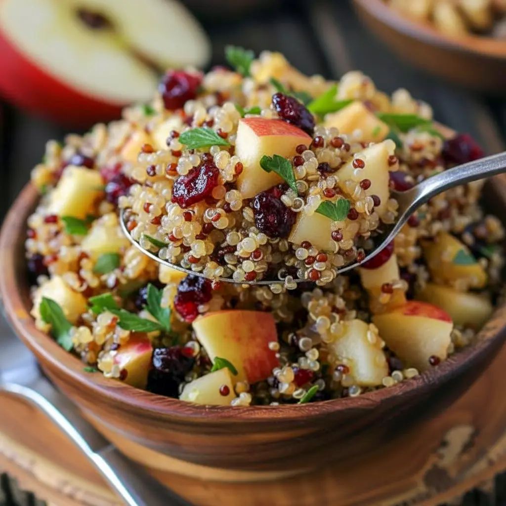 Bowl of cranberry apple quinoa salad with diced apples, dried cranberries, chopped parsley, and sliced almonds, tossed in a light vinaigrette and served on a wooden table.