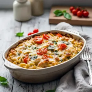 Easy Chicken Orzo Bake in a casserole dish with bubbly mozzarella, halved cherry tomatoes and wilted spinach — a cozy Chicken Orzo Pasta Bake / Orzo Baked Chicken shot that’s ideal for Dinners For Three People or Supper For 2 Ideas, a simple Easy Dinner Recipes Oven Bake made with Recipes With Already Cooked Chicken for fast One Dish Dinners Oven and a satisfying Iron Filled Meals choice.