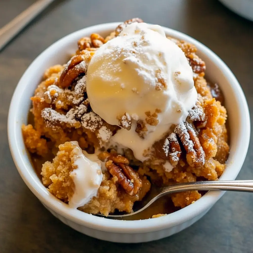 Pumpkin Pecan Cobbler Laurens Latest — close-up of a bubbling slice of Pecan Cobbler with melting ice cream, perfect for Cobbler Recipes.
