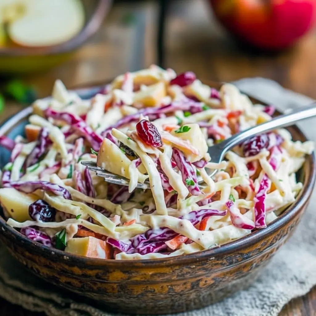 Close-up of a vibrant bowl of slaw with shredded cabbage, apple matchsticks, dried cranberries, shredded carrot, and toasted nuts, lightly coated in a creamy vinaigrette, Cranberry Apple Coleslaw Salad.