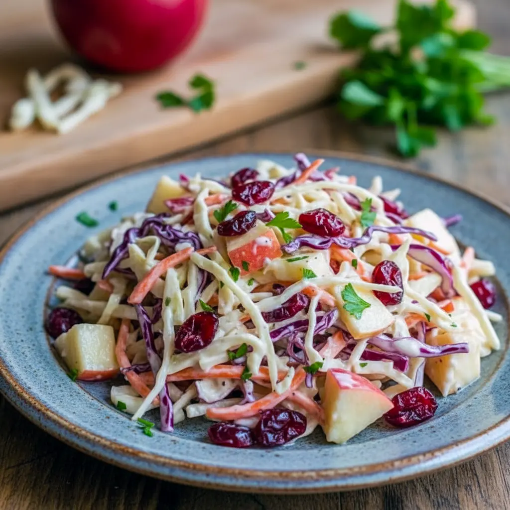Close-up of a vibrant bowl of slaw with shredded cabbage, apple matchsticks, dried cranberries, shredded carrot, and toasted nuts, lightly coated in a creamy vinaigrette, Cranberry Apple Coleslaw Salad.