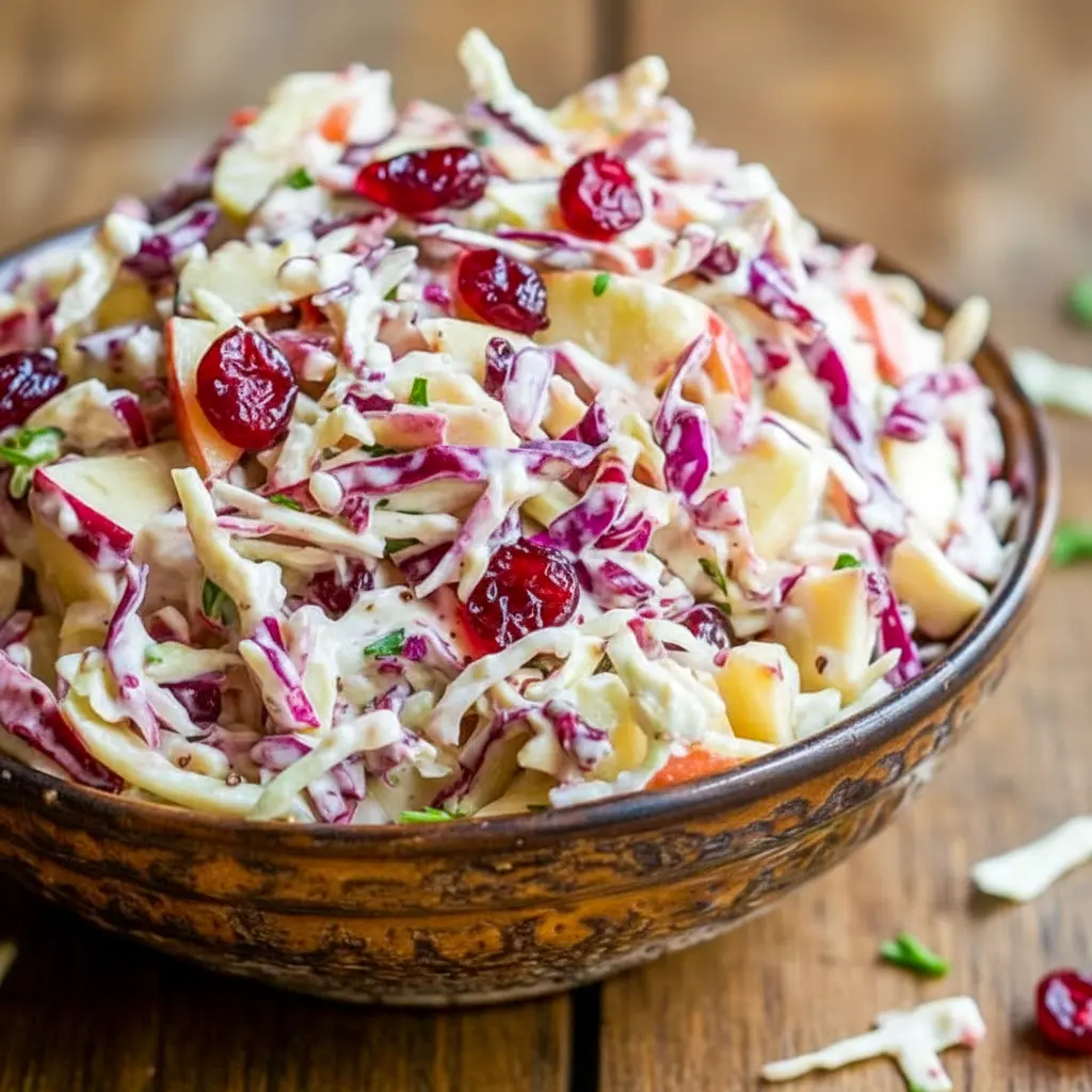 Close-up of a vibrant bowl of slaw with shredded cabbage, apple matchsticks, dried cranberries, shredded carrot, and toasted nuts, lightly coated in a creamy vinaigrette, Cranberry Apple Coleslaw Salad.