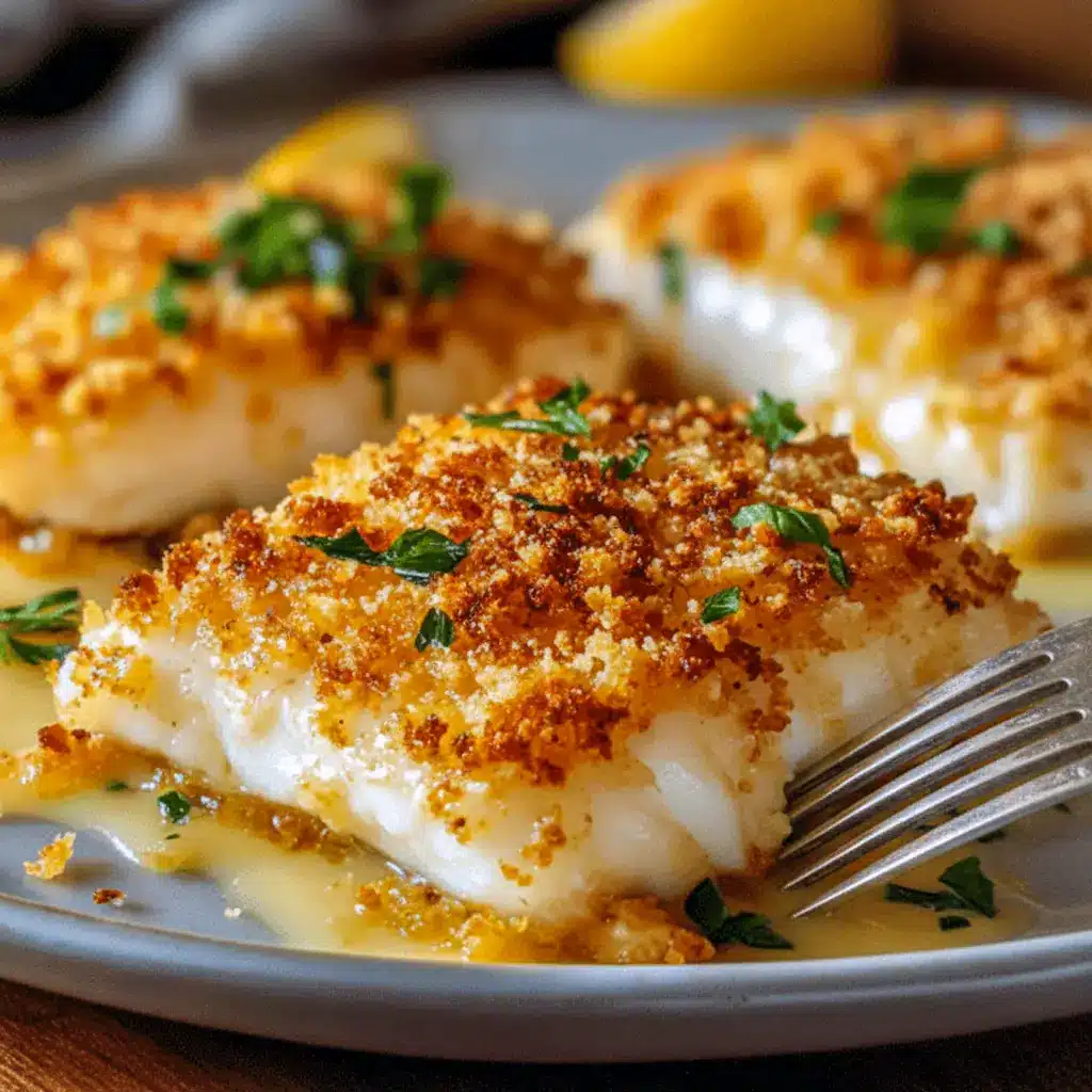 Close-up of a golden panko-crusted fish fillet on a plate with lemon wedges and a side salad, Fish Dinner Recipes.