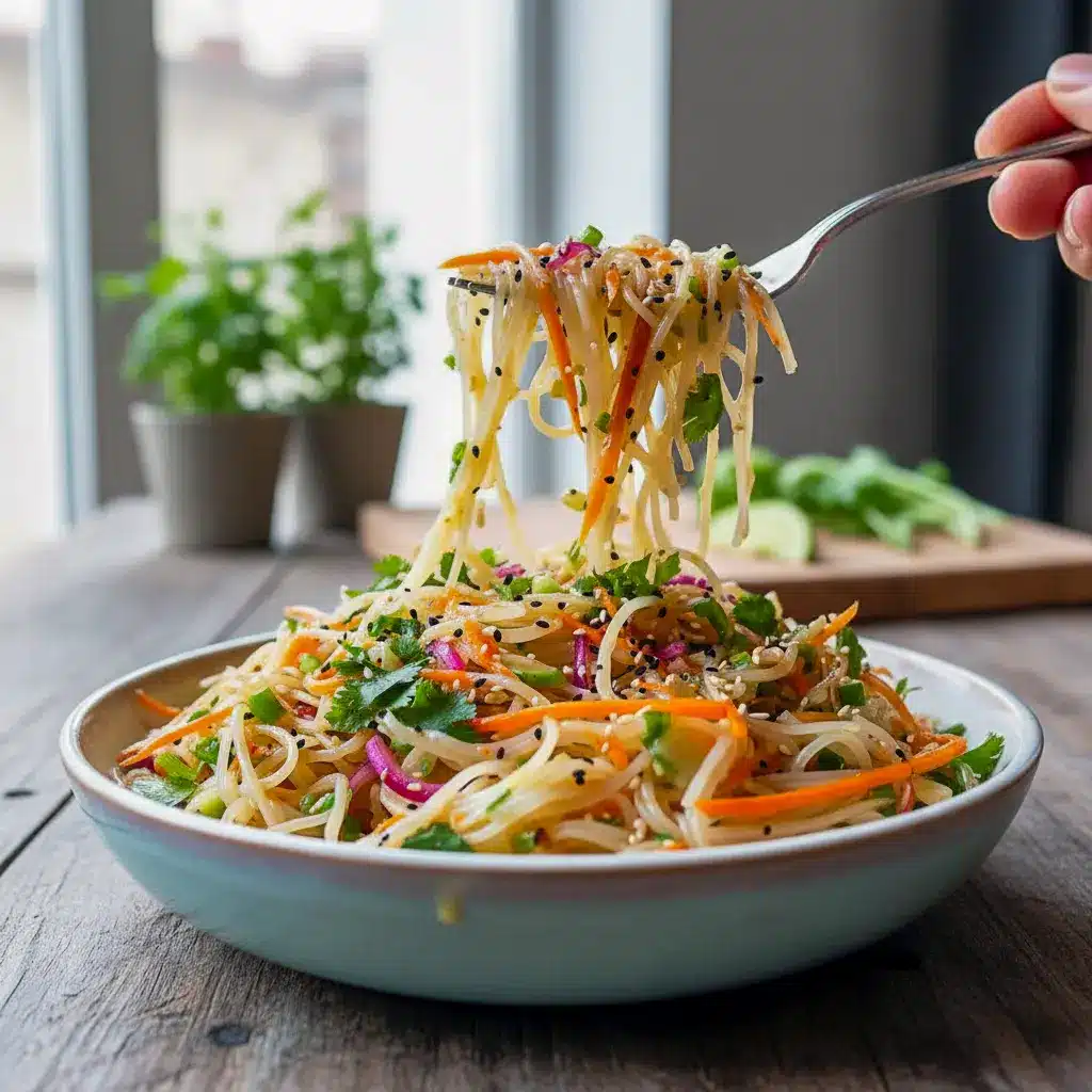 Colorful bowl of Easy Asian Noodle Salad with crisp vegetables, herbs, peanuts, and tangy Asian Noodle Salad Dressing, perfect for Best Salads For Lunch, Asian Food Potluck Ideas, and refreshing Cold Noodle Salads.