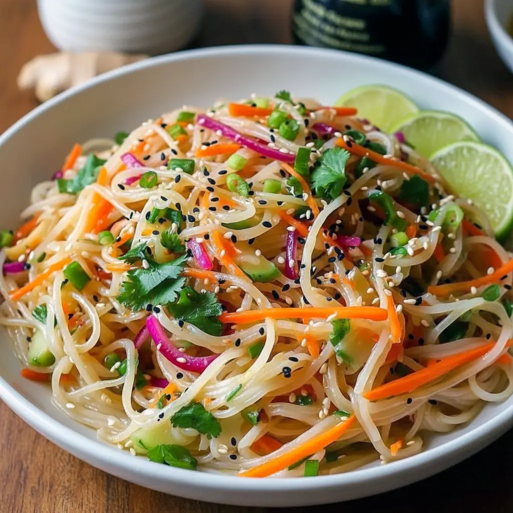 Colorful bowl of Easy Asian Noodle Salad with crisp vegetables, herbs, peanuts, and tangy Asian Noodle Salad Dressing, perfect for Best Salads For Lunch, Asian Food Potluck Ideas, and refreshing Cold Noodle Salads.