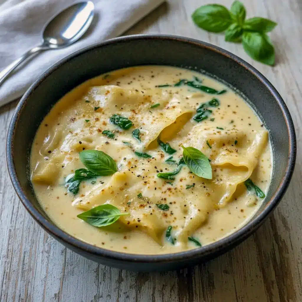 Steaming bowl of creamy Alfredo lasagna soup topped with a dollop of ricotta and chopped parsley, served with crusty garlic bread, Homemade Soup Recipe.