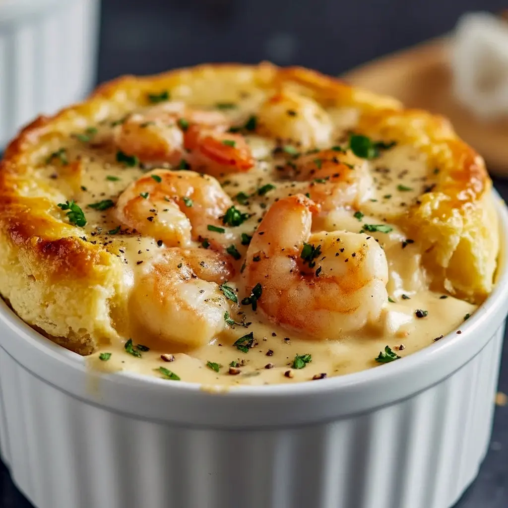 Golden-brown cheddar-biscuit topped pot pie split open to reveal creamy lobster and shrimp filling, garnished with parsley, Fancy Food Ideas.