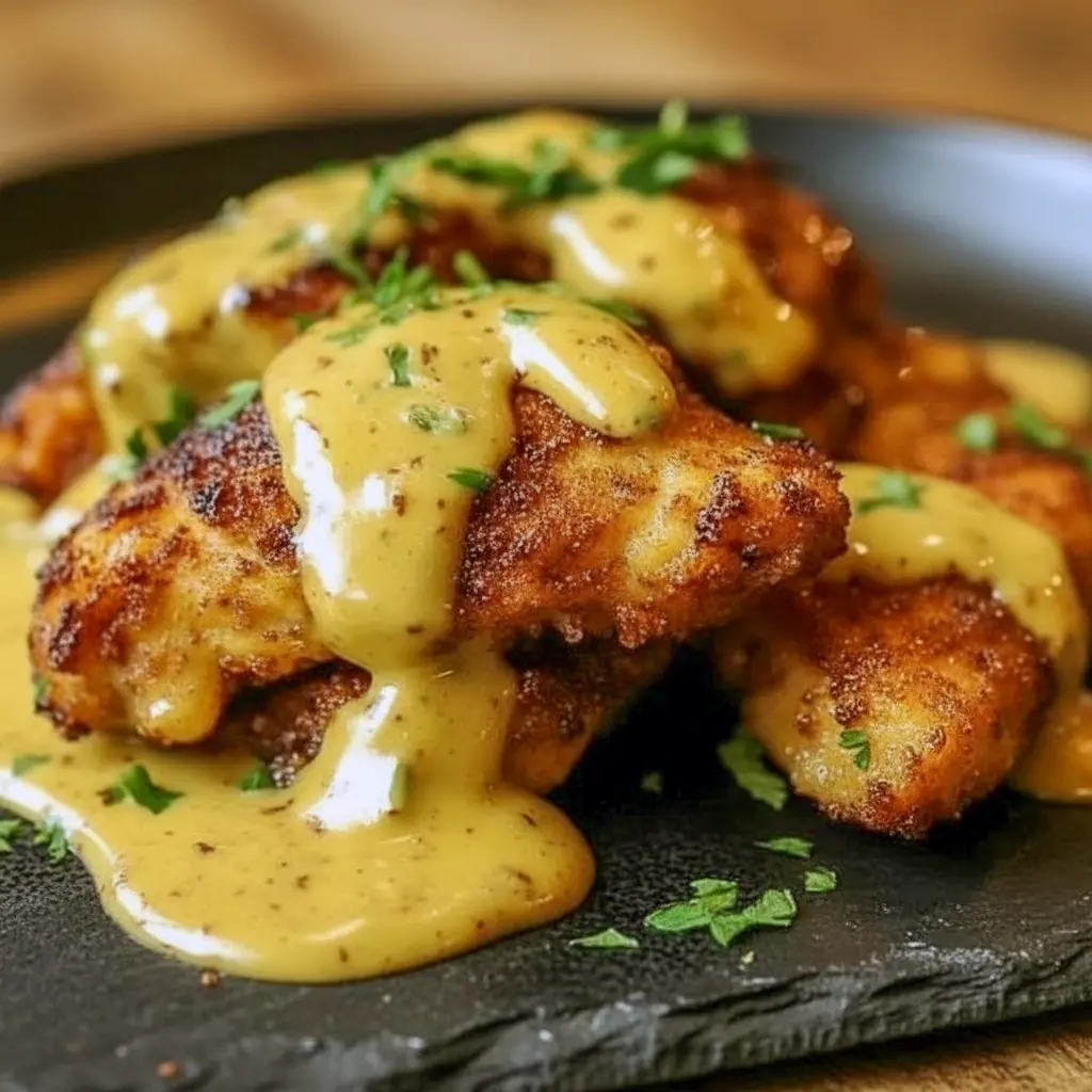 Golden, crunchy Pretzel Chicken breast sliced and topped with creamy mustard-cheddar sauce, plated for a cozy Family Dinner.